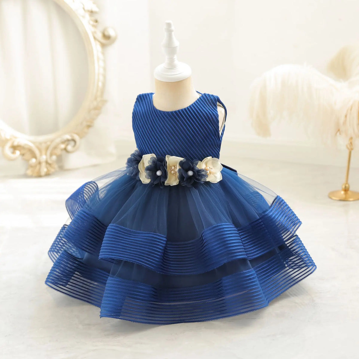 HETISO Girl Kid's Dress Flower Mesh Layered Striped Sleeveless Toddler Baby Party Gown for Girls 1-4 Years