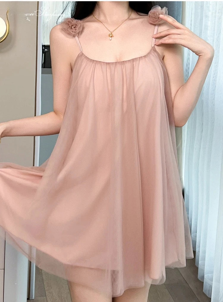 New Sweet Cute Solid Color Sexy Floral Mesh Women Suspender Nightgown With Built In Chest Pad Home Lounge Sleep Dress