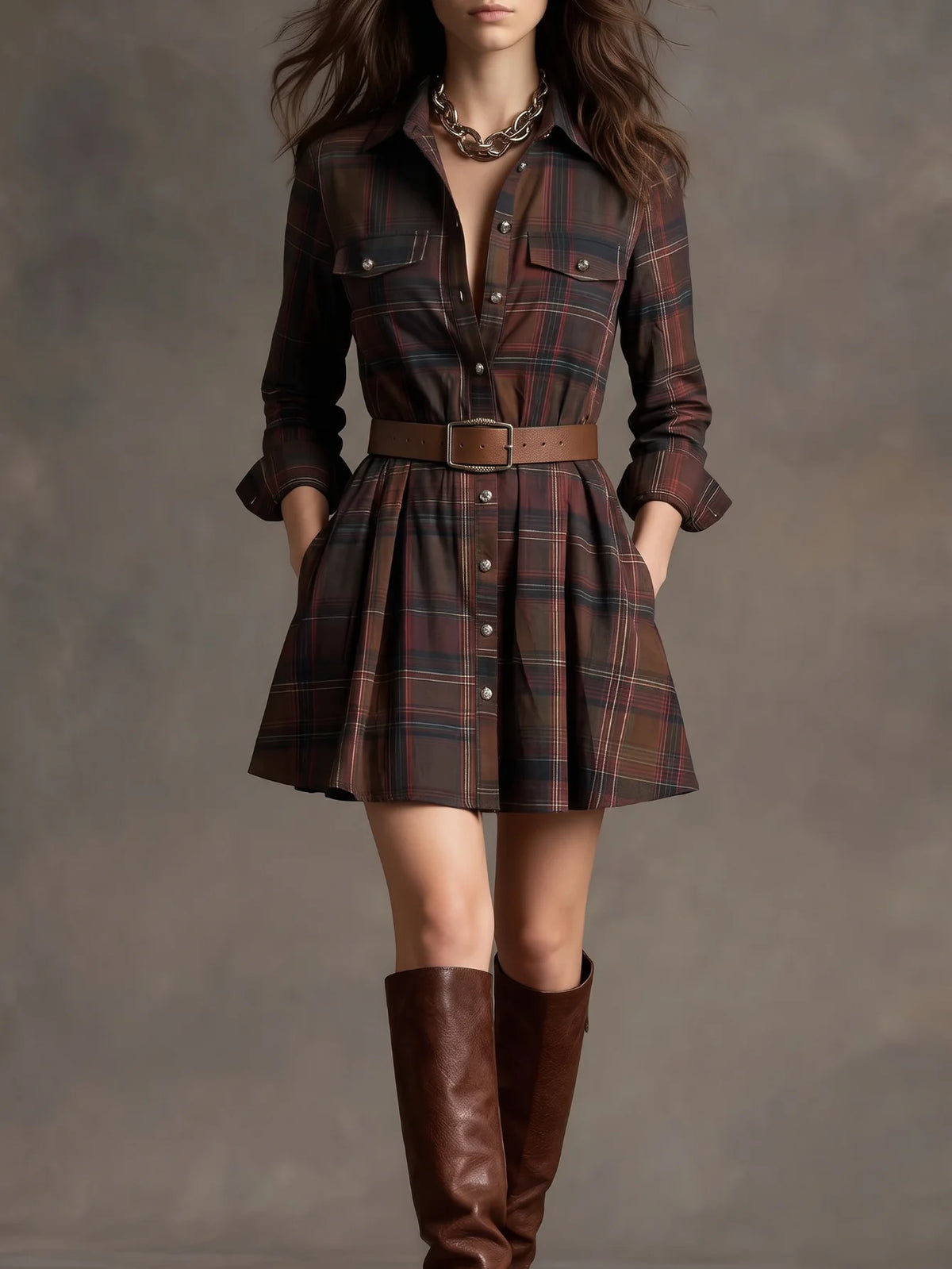Women's Turn‑Down Collar Long Sleeve Mini Dress Plaid Print Button Front Pleated A‑Line Shirt Dress Fashion Casual Ladies Daily Outfit
