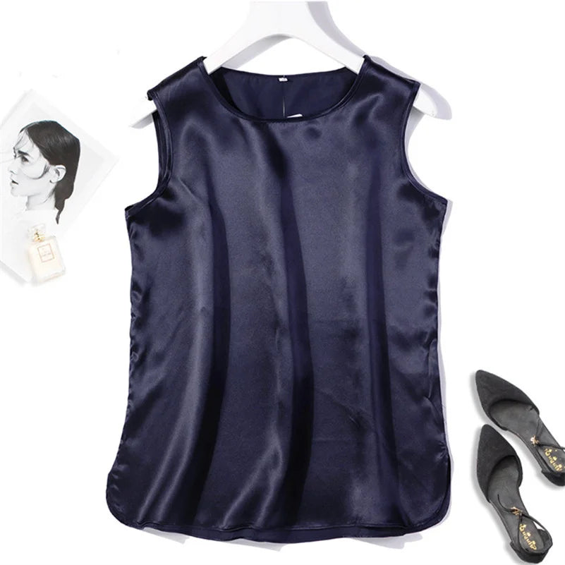 Elegant Fashion Satin Tank Tops Office Lady Blouse Shirts plus  Summer Slim Sleeveless Vest Women Simple O-neck Tops y2k clothes