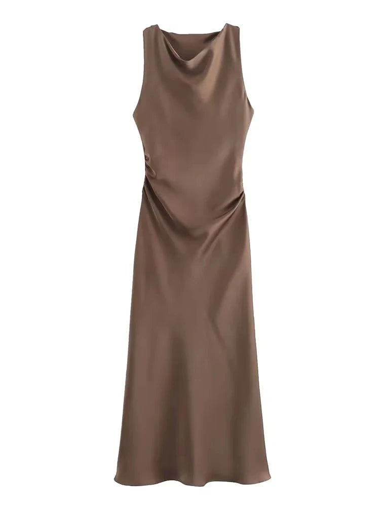 Satin Halter Midi Dress | Sleeveless Evening Party Dress