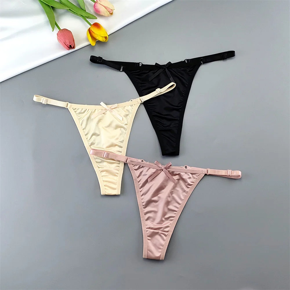 3pcs Women's Low-Rise Satin G-String Thong Panties - Adjustable