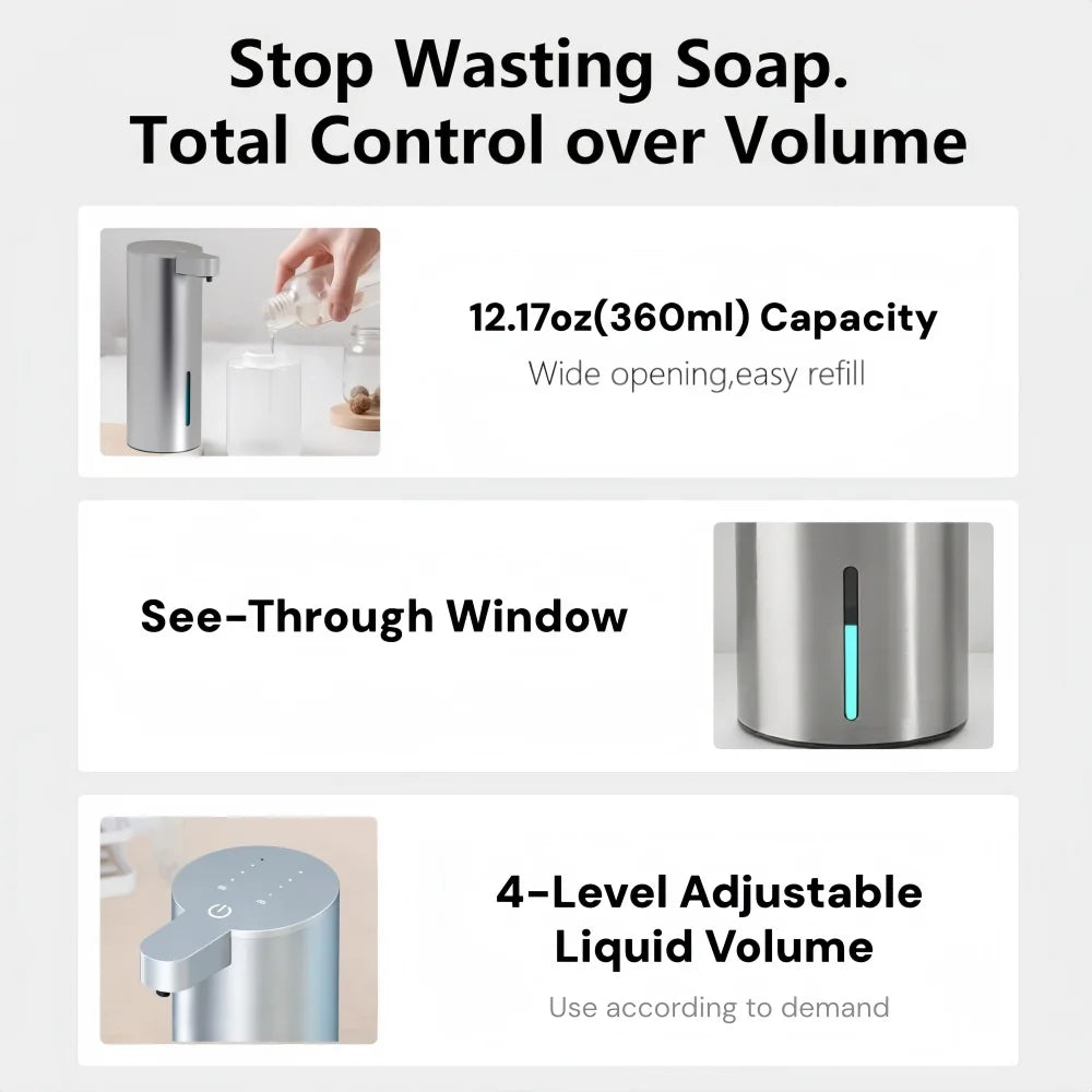 Dispensador de jabón de espuma con sensor de acero inoxidable, automático, sin contacto, infrarrojo, de pared o de escritorio para baño en casa