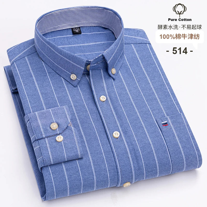 Men's 100% Cotton Oxford Plaid Dress Shirt - Long Sleeve Slim Fit