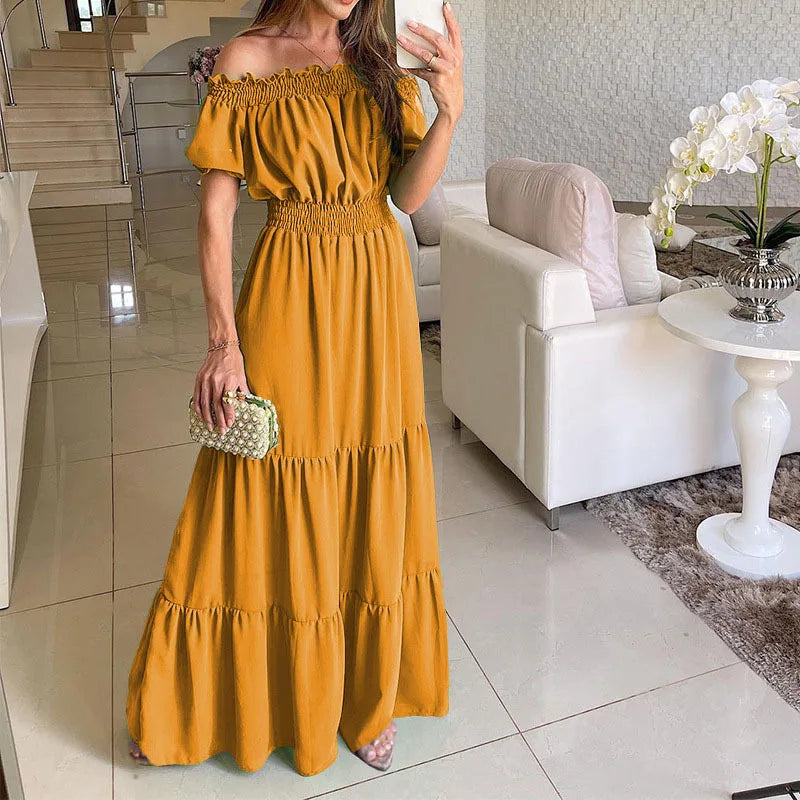Summer Sexy Off Shoulder Slash Neck Ruffle Beach Party Dress Elegant Women Fashion Red Lace-up Pleated Holiday Long Dresses Robe