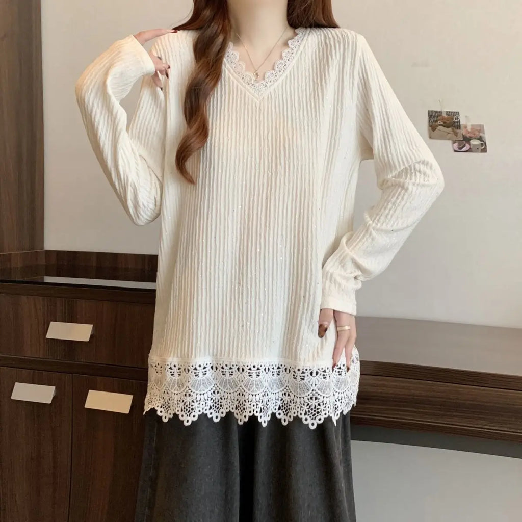 Lace Splicing Long Sleeve T-shirt Female Loose Slimming V-Neck Top