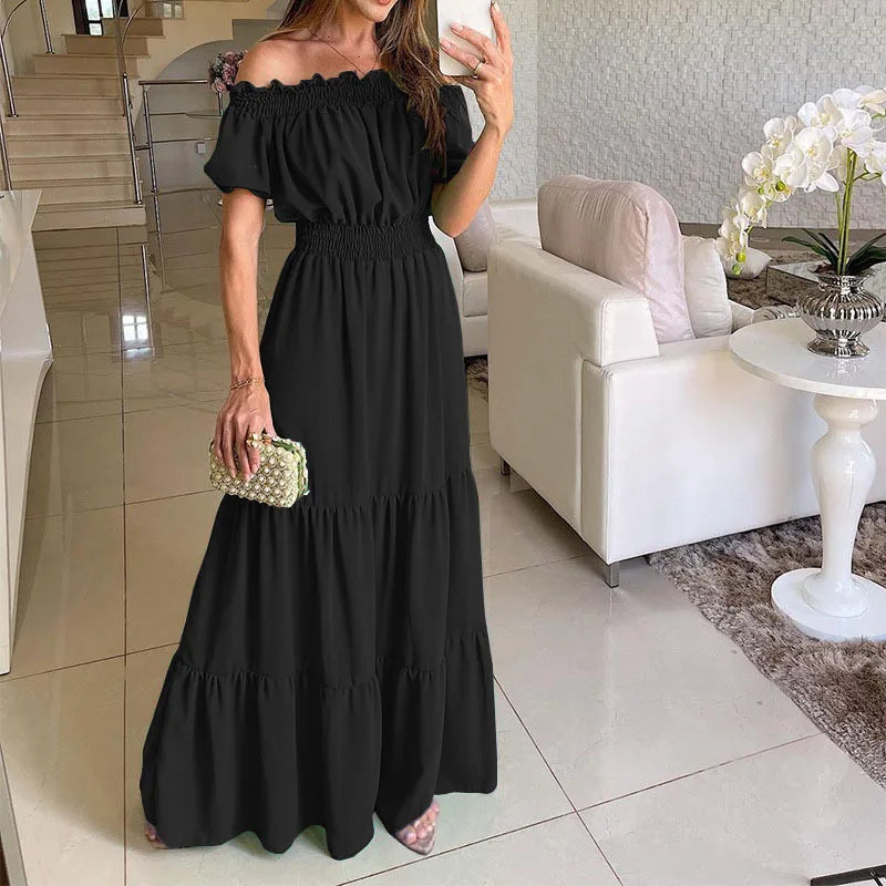 Summer Sexy Off Shoulder Slash Neck Ruffle Beach Party Dress Elegant Women Fashion Red Lace-up Pleated Holiday Long Dresses Robe