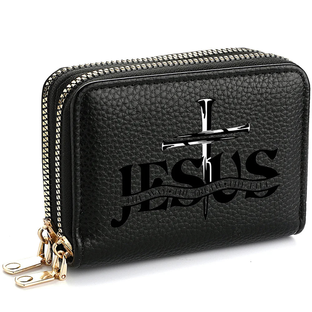 Women's PU Leather Wallet Short Coin Card Holder Jesus Pattern Small Hard Wallet Fashionable Money Bag