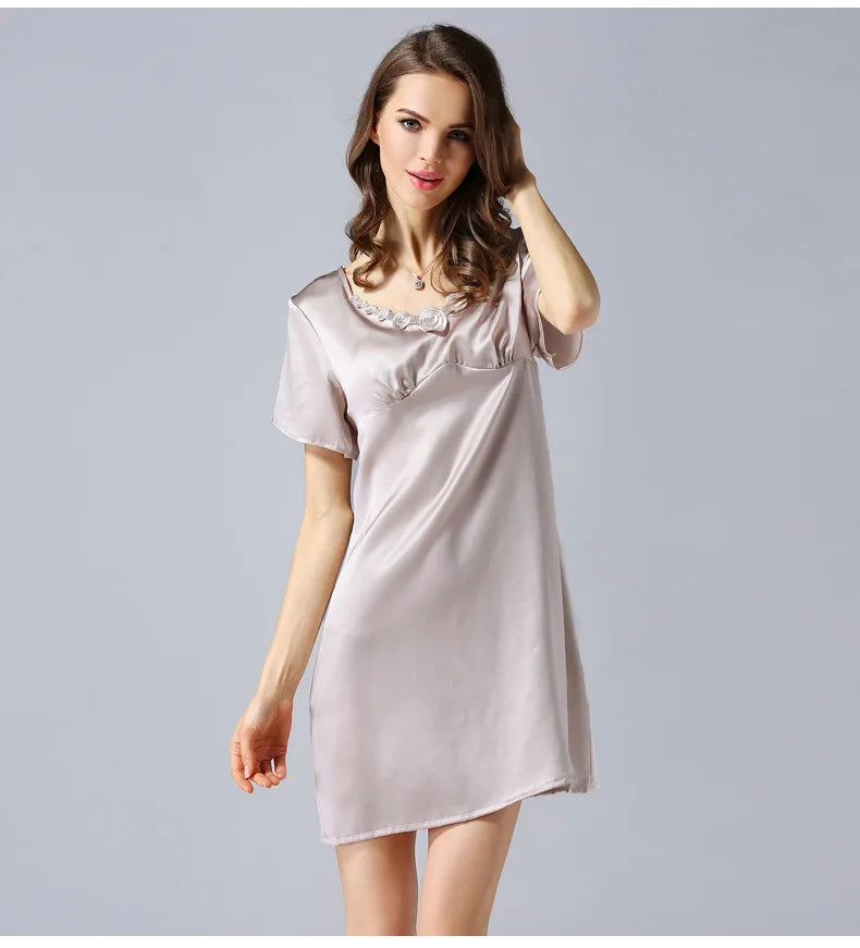 Women's 2023 Spring/Autumn Silk Pajamas 100%Natural Mulberry Silk Short Sleeved Nightdress Noble Silk Home Clothes Pajamas