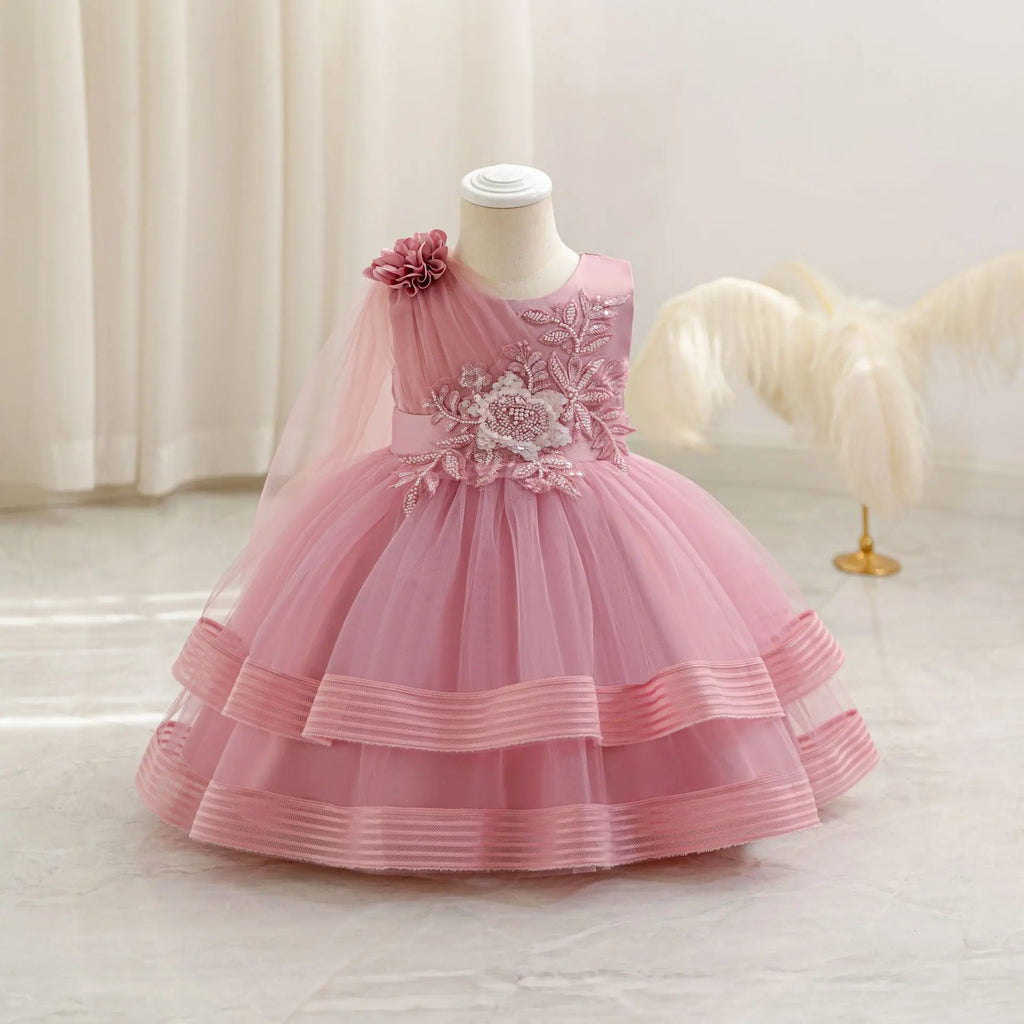 HETISO Flower Wedding Party Dress for Girls Baby Holiday Layered Tulle Ball Gown Toddler Kids Beaded Costume 6M-4 Years