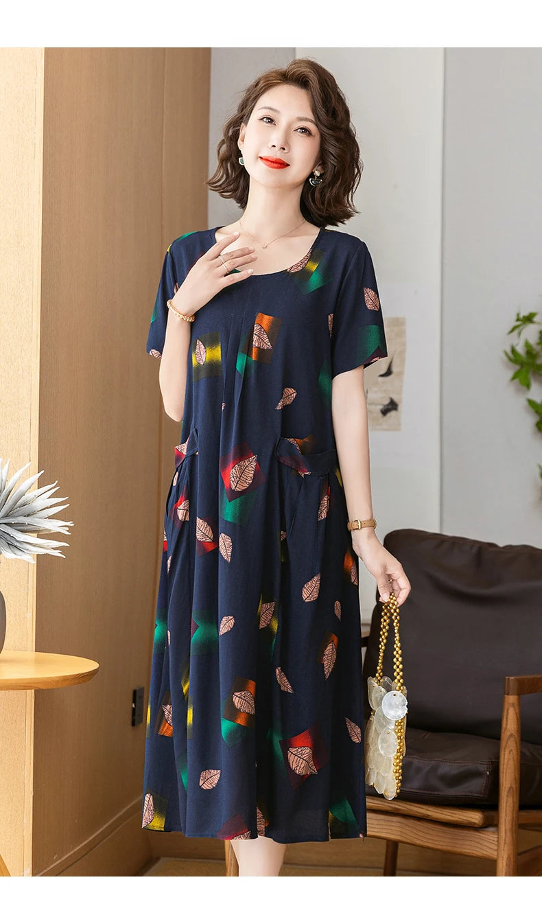 New 2025 Summer Dress Long Vintage Loose Women Elegant Sundress Dress Casual O-neck Dresses Print Plus Size