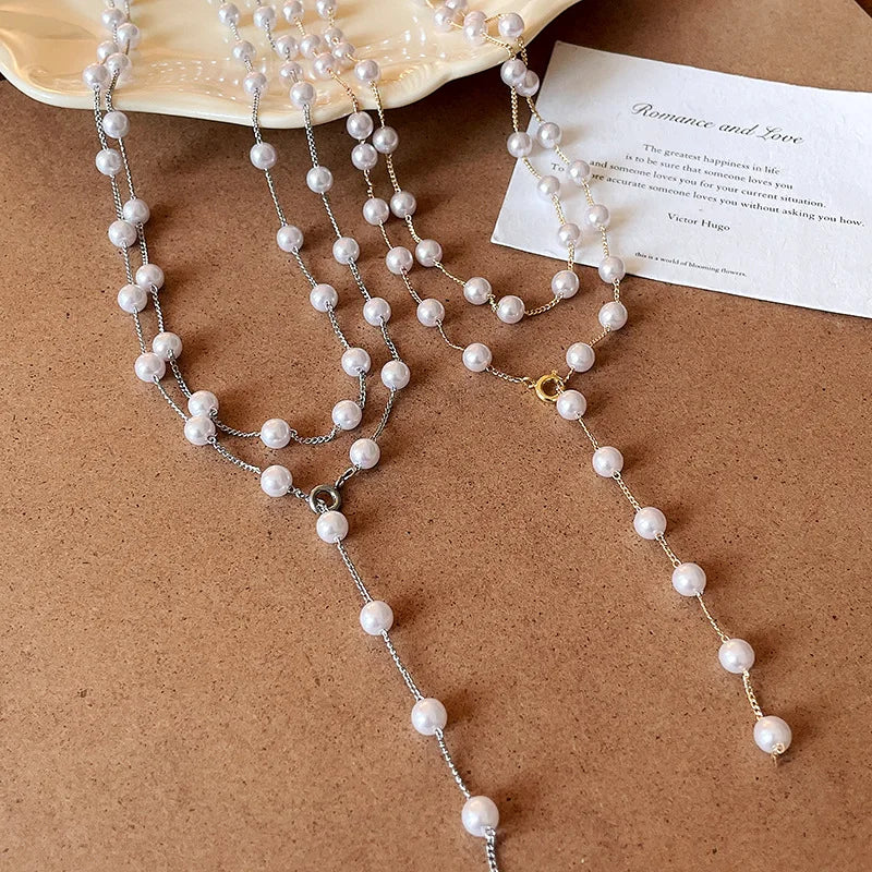 Elegant Double-layer Simulated Pearl Chain Necklaces Women Exquisite Bikini Dress Necklace Beach Jewelry Dinner Party Gift K-