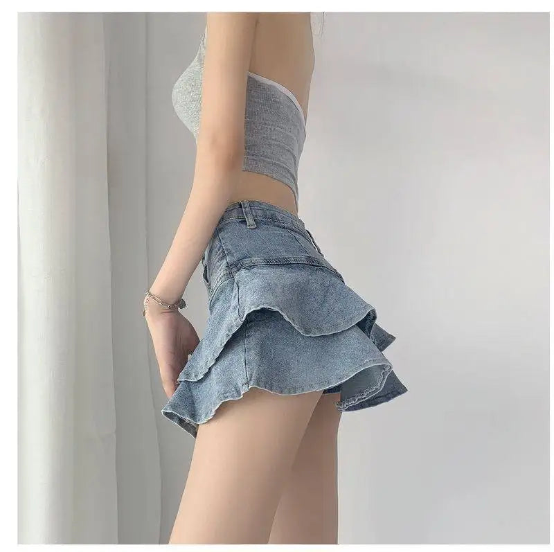 Harajuku Y2k Kawaii Hot Girl Denim Skirt College Style Women Pleated Skirt Jeans Casual High Waist Mini A-line Short Skirt