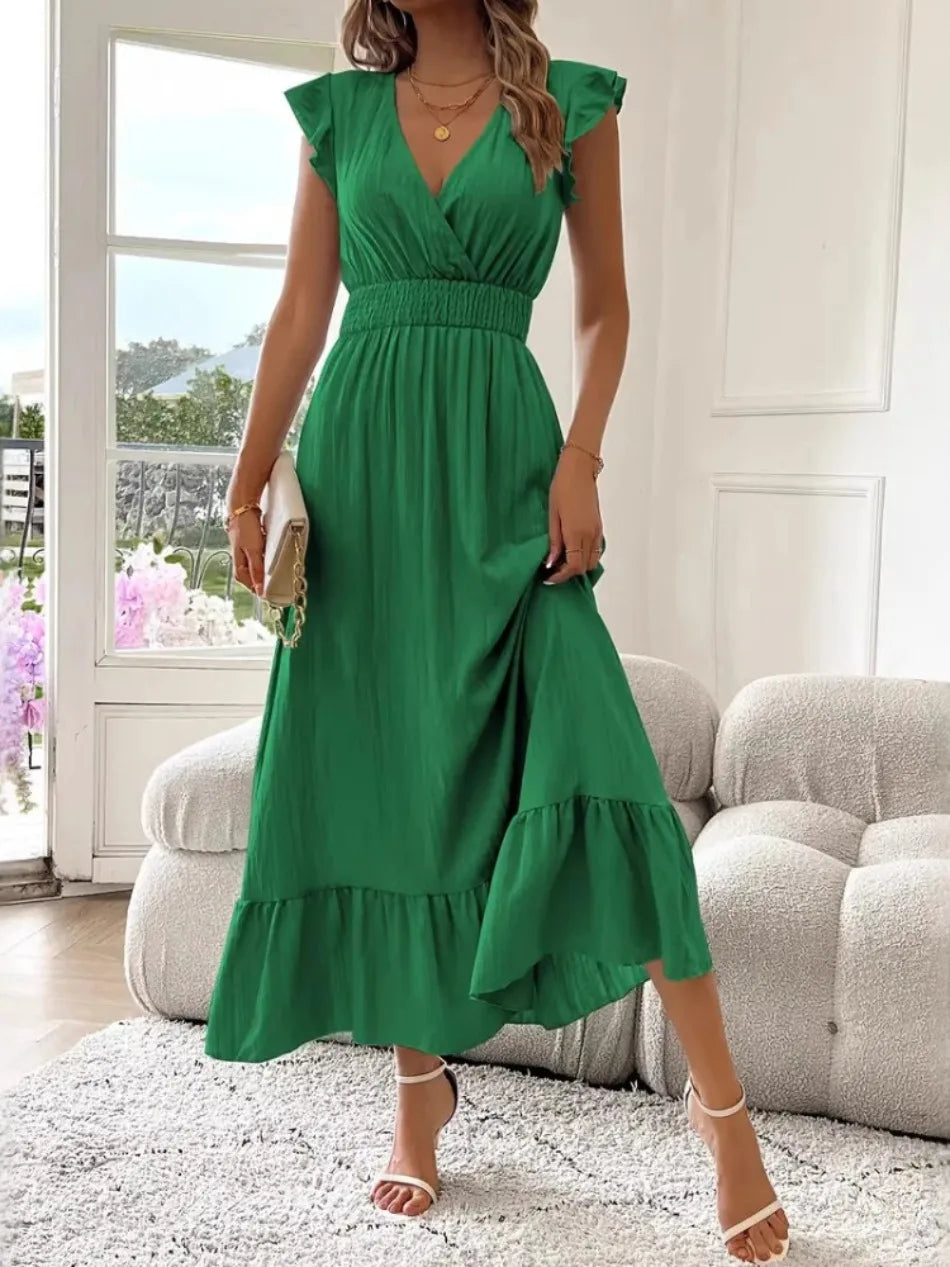 New in Summer Women 's Long Dresses V Neck Solid Color Elastic Waist Gown Office Lady Ruffles Wrinkle Design Casual A Line Dress