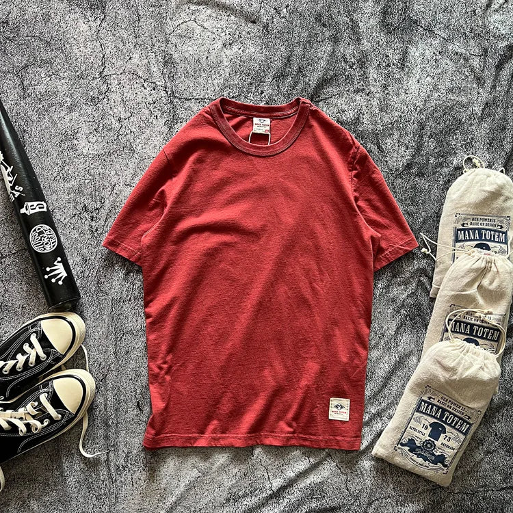 Tough Guy American Vintage Solid Color Round Neck Versatile Basic Commuter 100% Cotton Short Sleeve T-Shirt Men Tees Tops