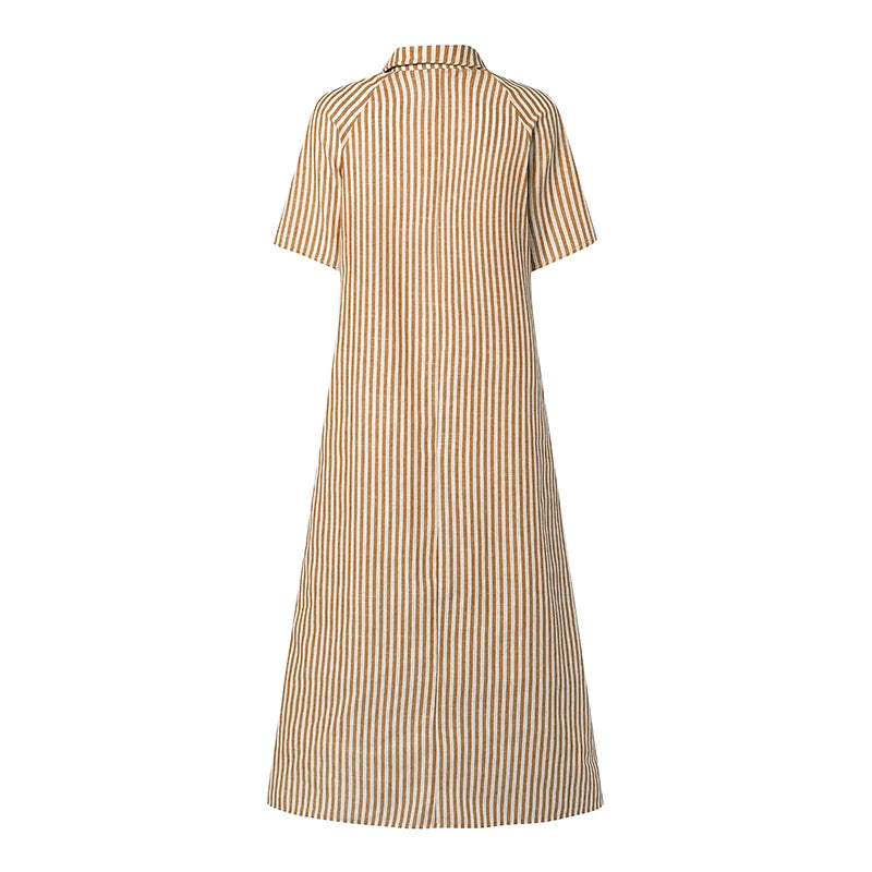 Women Summer Sundress ZANZEA Stylish Lapel Neck Striped Dress Elegant Short Sleeve Ruffled Hem Work Midi Dresses Baggy Robe 2026