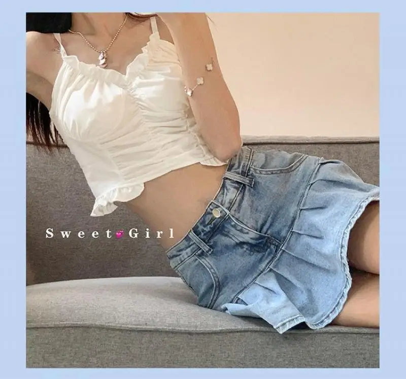 Y2K Vintage Denim Skirt Women Summer Fashion High Waist A-Line Wash Blue Slim Sexy Hot Girl Mini Jeans Ruffle Short Skirt Female