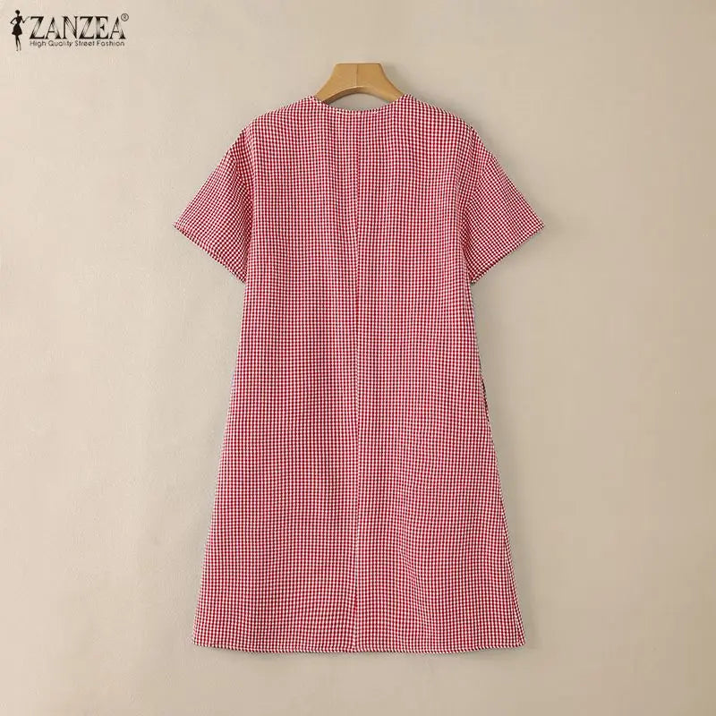 ZANZEA Women's Casual Gingham Short Dresses Turn-Down Collar Half-Button Short Sleeve Knee-Length Dress Summer Robes Femme