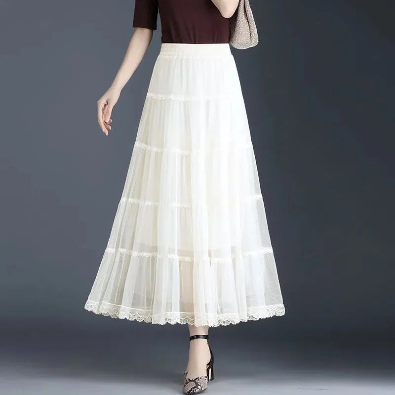 Pop Pop Long Tulle Skirt Women 2024 Spring Summer Elastic High Waist A-Line Mesh Pleated Puffy Skirt Female Elegant Lace Midi Sk
