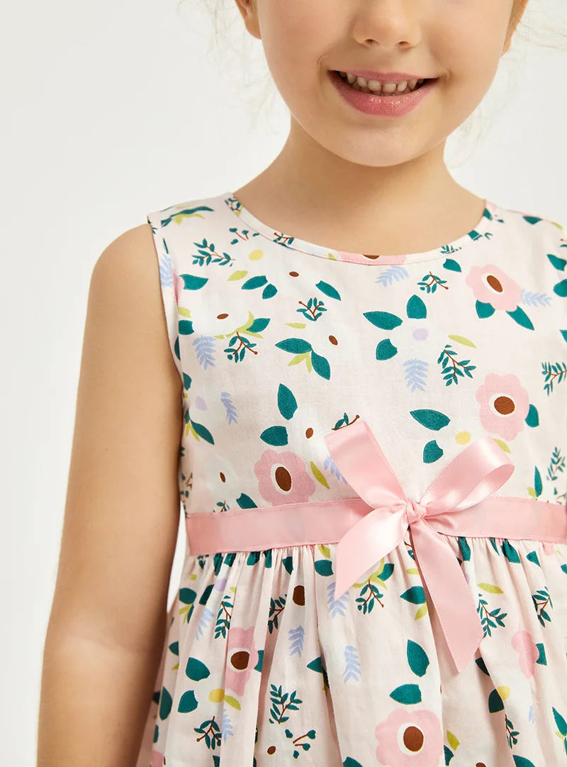Summer New Girls' Sleeveless One-Piece Dress Pastoral Floral Cute Princess Dress BowPrincess Dress