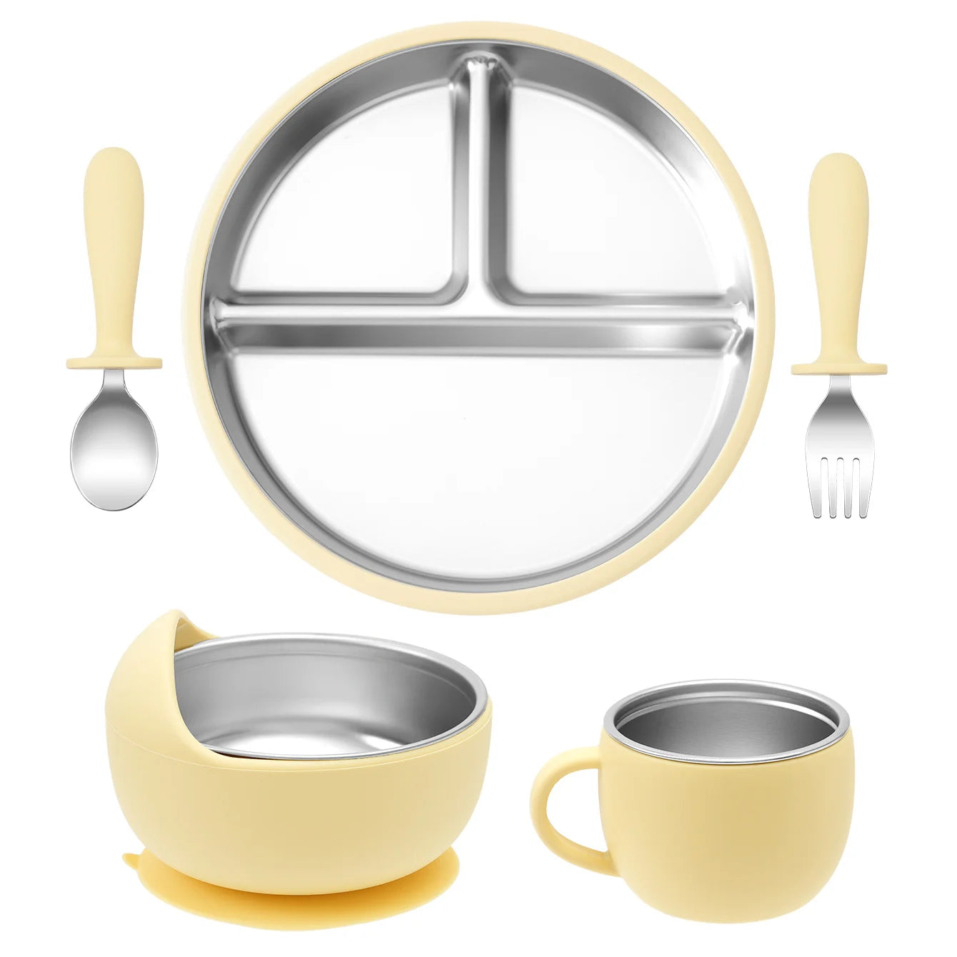Color Kids Baby Feeding Set 5Pcs Stainless Steel Silicone Tableware For Infants Easy Grip Plates Bowls