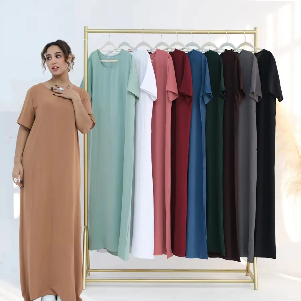Modest Short Sleeve Women Inner Dress Basic Abaya Muslim Eid Ramadan Round Neck Maxi Loose Casual Long Versatile Fashion Kimono