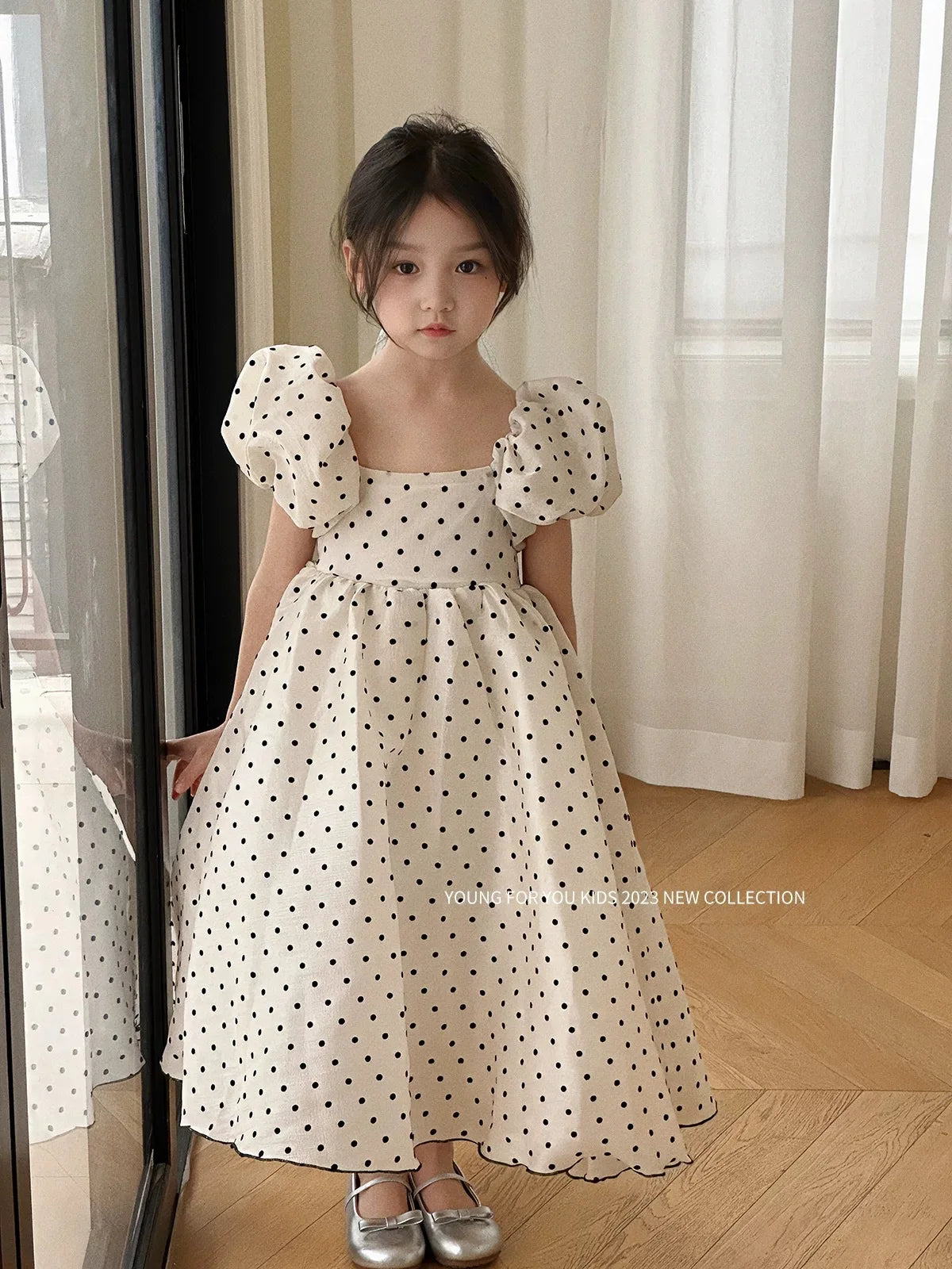 In-stock summer dress with puff sleeves for girls, princess dress for older girls, pearl gauze dress