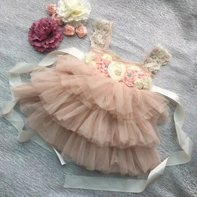 Flower Girl Lace Tulle Dress Elegant Princess Weddings Birthday Party Costumes for 3m To 7y Girls Baptism Festival Ball Gown