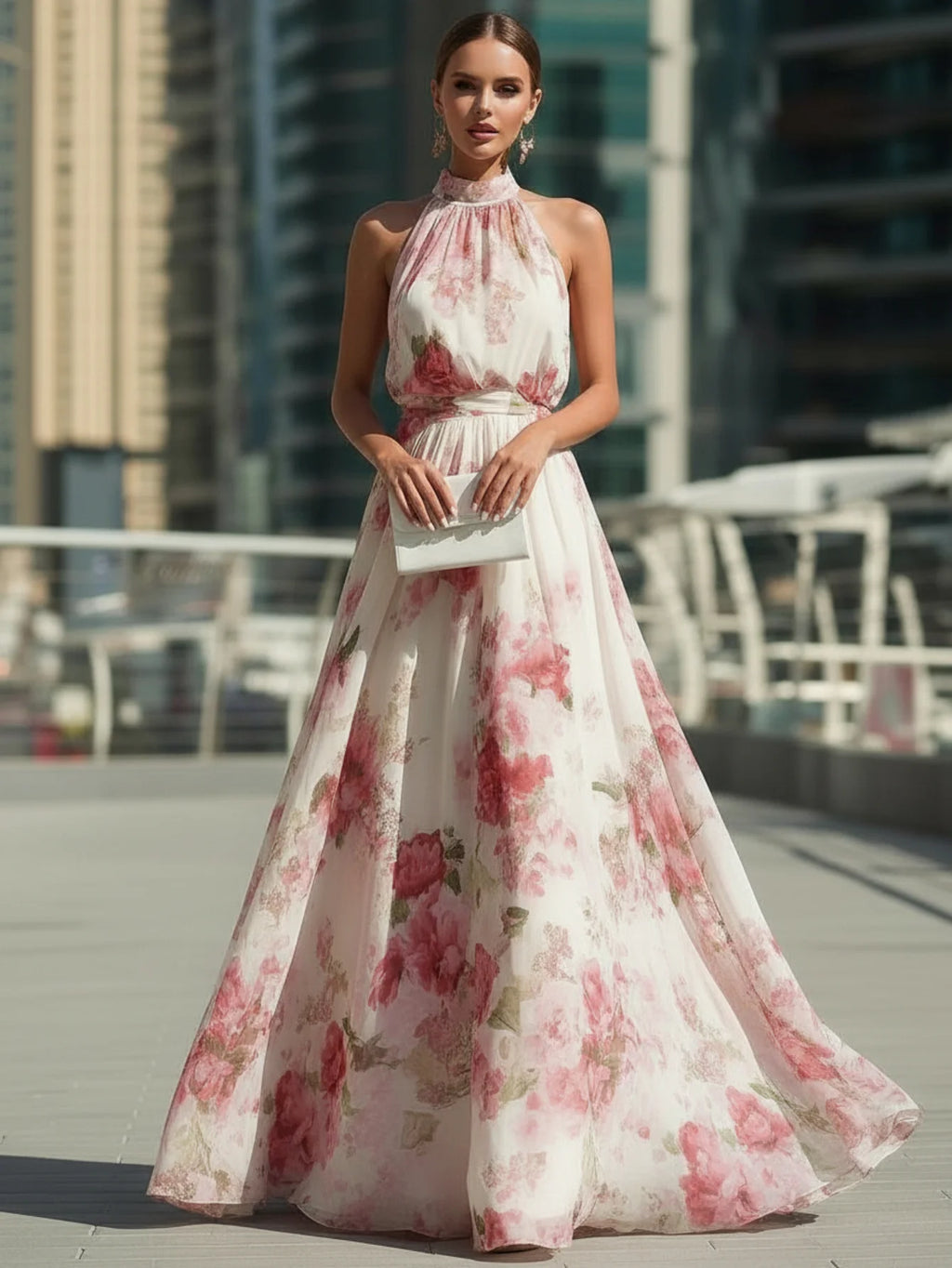 Women's Halter Neck Sleeveless Maxi Dress Floral Print High Waist Pleated Flowy Swing Hem Elegant Floor‑Length Ladies Dress