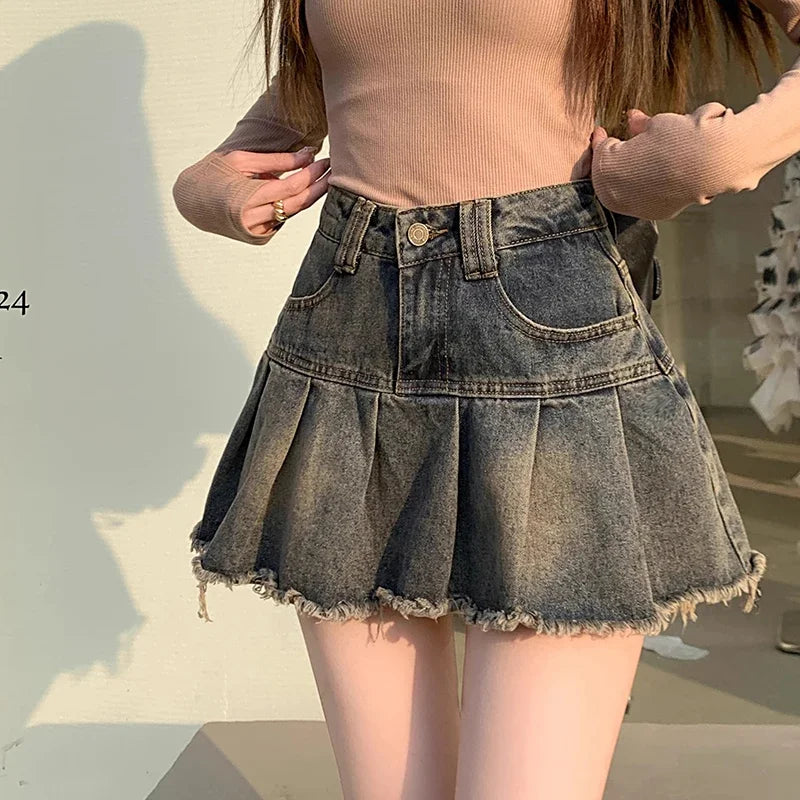 Summer Women Y2k High Waist Mini Skirts Girls Korean A Line Denim Pleated Dress Female Fashion Punk Blue Harajuku Jeans Skirts
