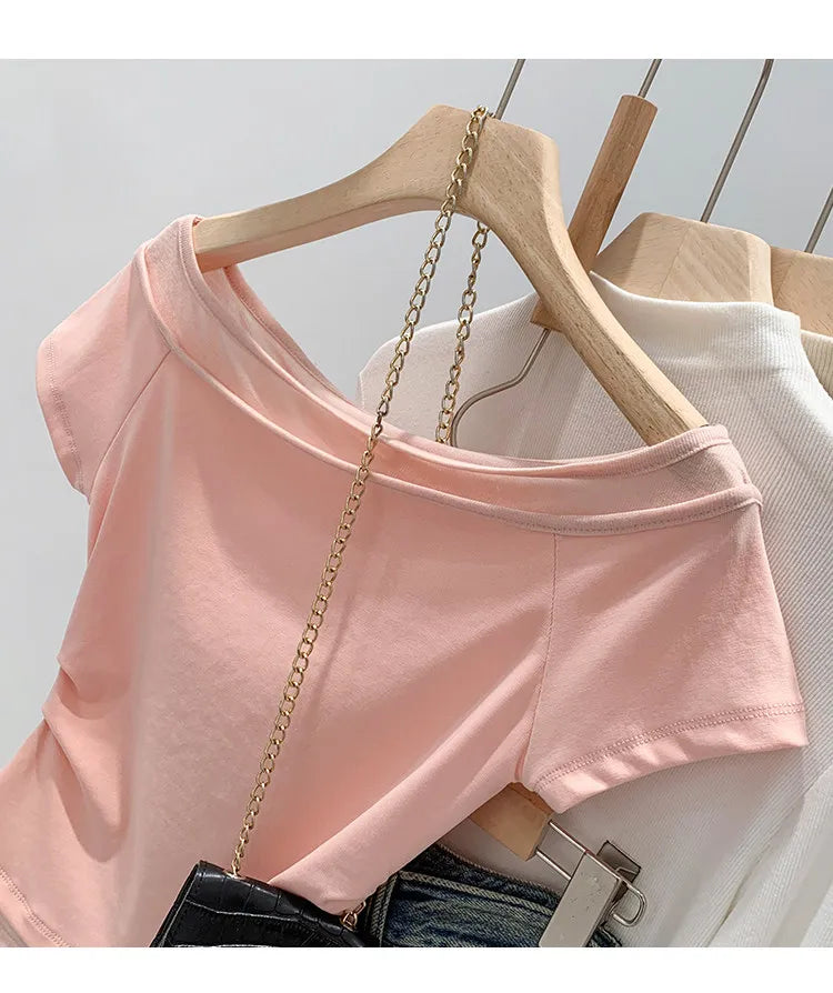 Unique Shoulder-Baring Pink Short-Sleeve T-Shirt Women's Summer New Style Korean Version Slim Fit Commute Style Cotton Material