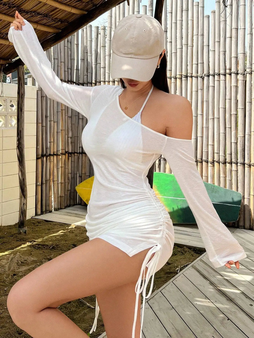 Women Mesh Shoulder slant Mini Dress Sexy See Through Chic Long Sleeve Deep Low Neck Slim Vestidos Mujer Coquette
