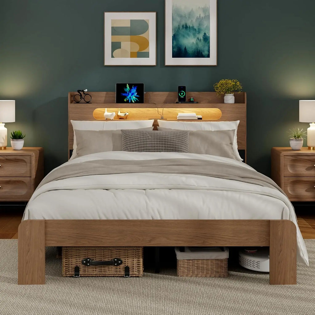 Queen Bed Frame 2-Tier Shelf Headboard Walnut LED Lights Charging Station Rustic Platform Wood Slat No Box Spring, Customized