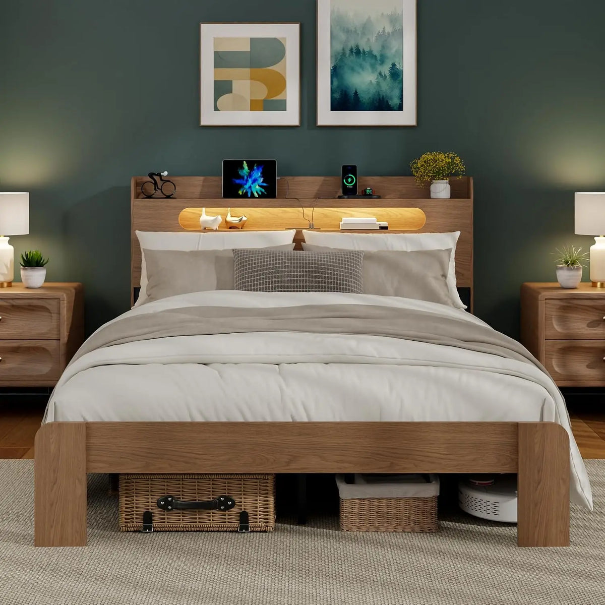 Queen Bed Frame 2-Tier Shelf Headboard Walnut LED Lights Charging Station Rustic Platform Wood Slat No Box Spring, Customized