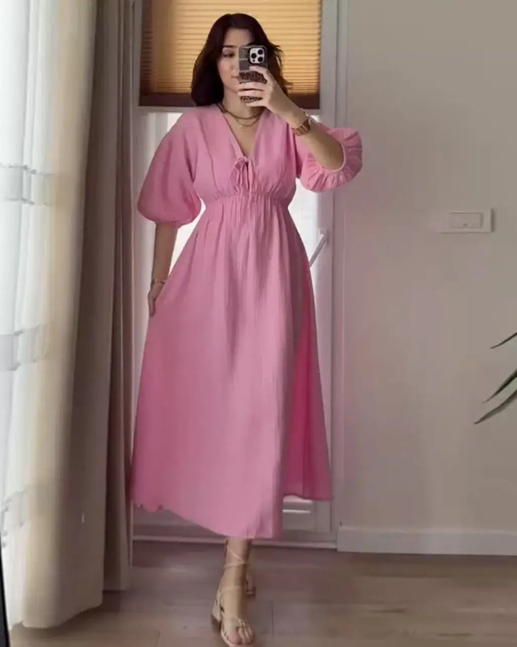 Dress Women Dresses A Line Puff Sleeve Vestidos V Neck Elastic Waist Elegant Mid Length Solid Y2k Streetwear Work Lace Up Summer