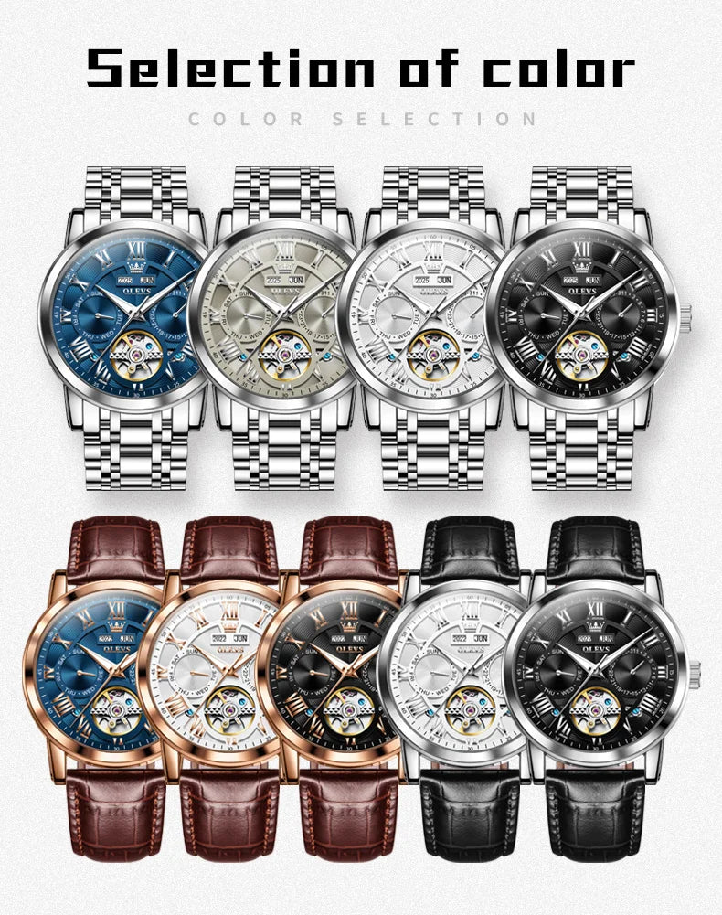 OLEVS 6668 Original Men's Watch Multifunctional Skeleton Waterproof Stainless steel Strap Business Automatic Mechanical Watches