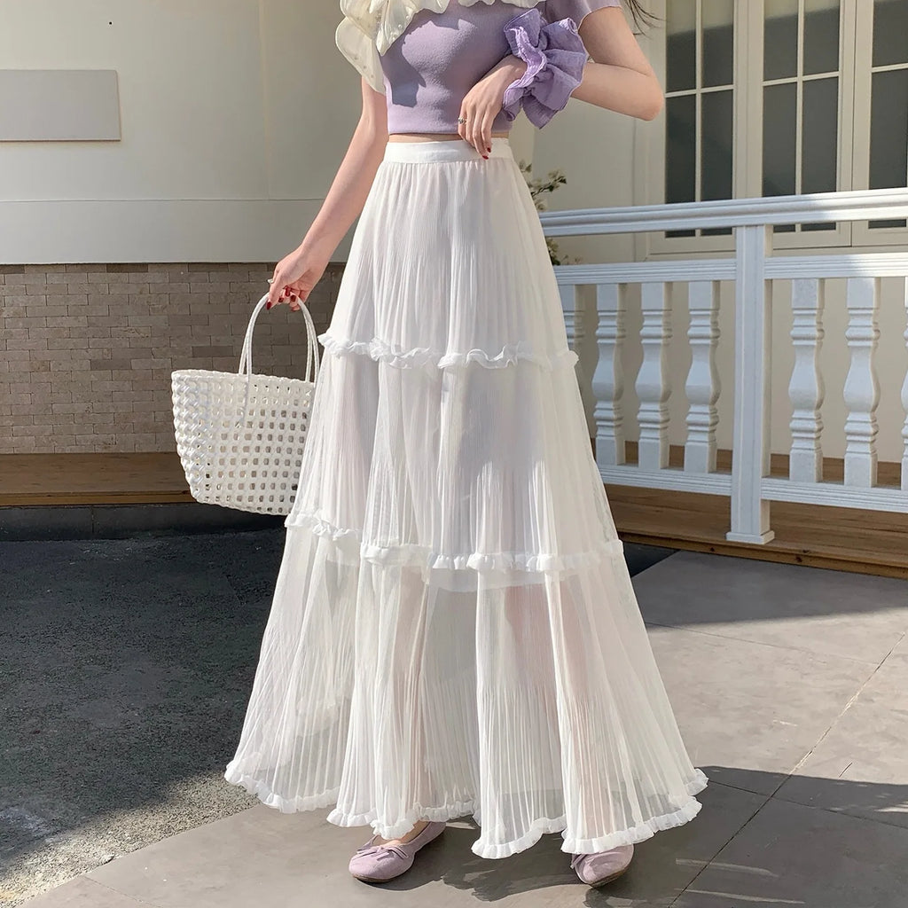 Sweet Pleated Half Skirt Korean Style Holiday Photo Long Atmosphere Spring Summer Cotton Blend Polyester Fiber Midi Skirt