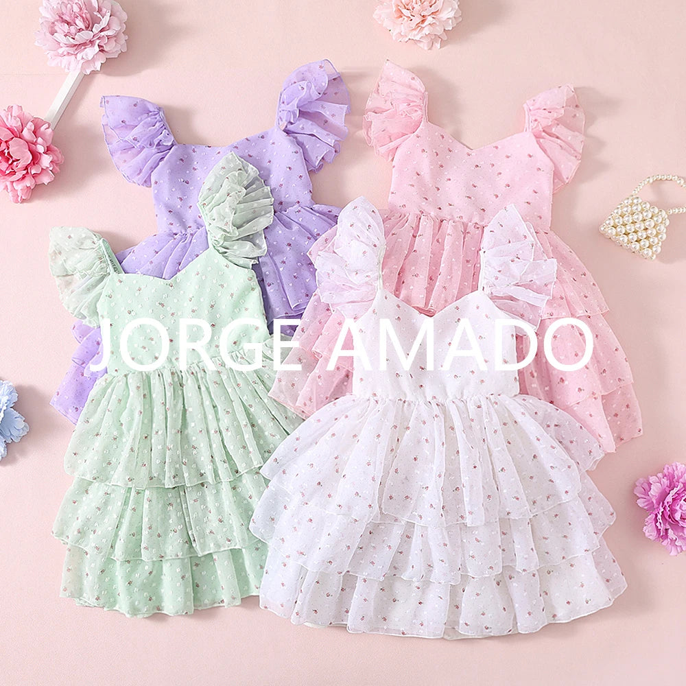 Girls Floral Embroidery Layered Princess Dress | Summer Mesh Sundress