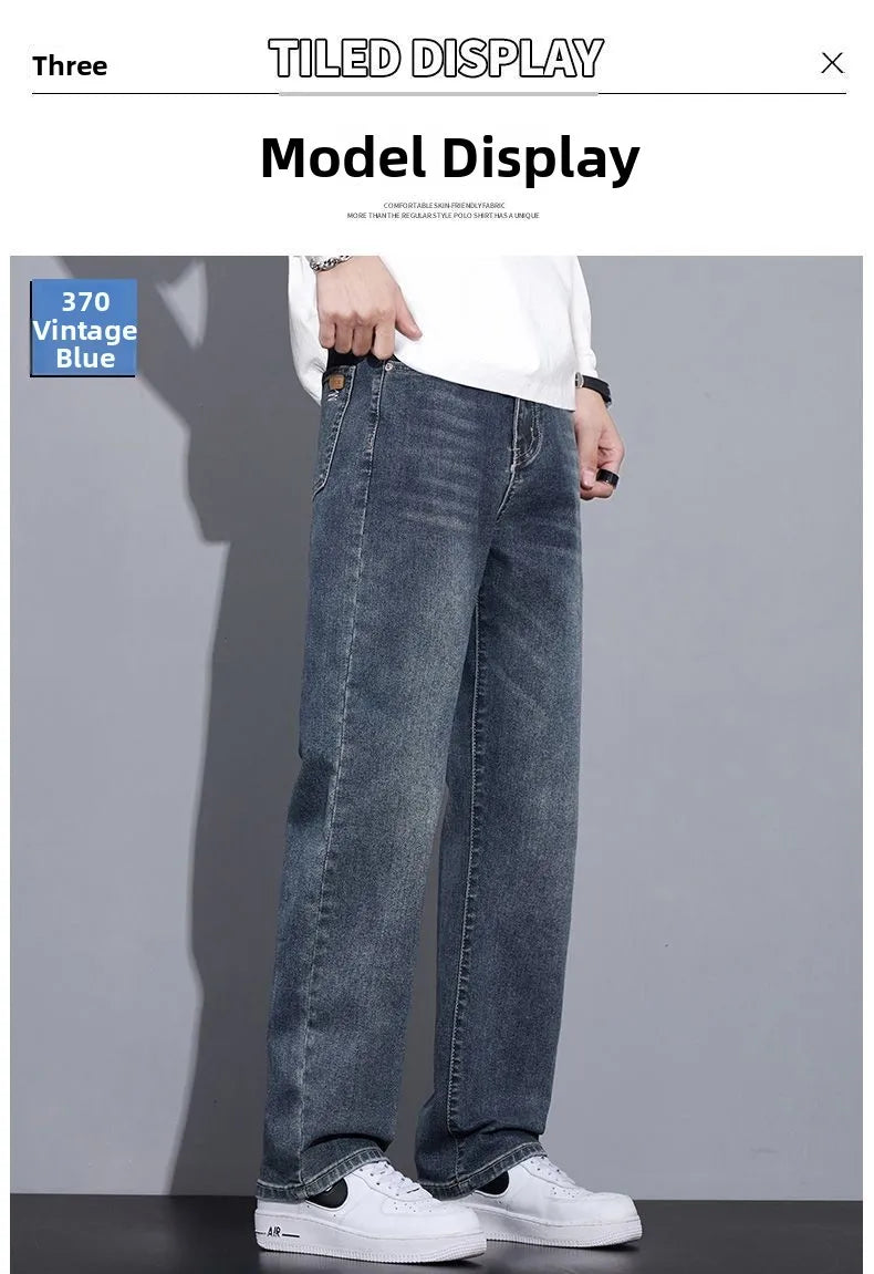 Black Casual Elastic Wide Leg Jeans Men's Loose Straight Fit Jeans Trendy Autumn Winter Long Pants Korean Style Basic Model
