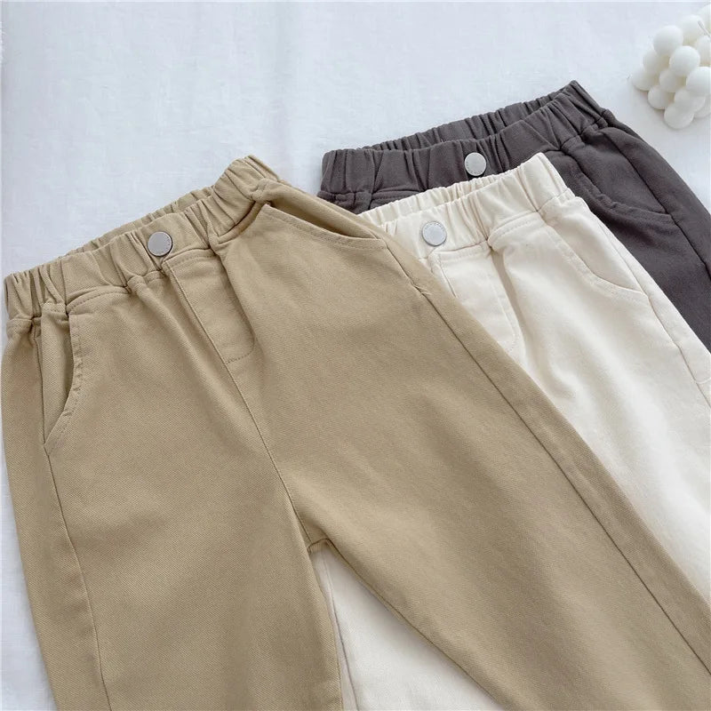 2-7Y New Autumn Casual Pants Solid Color Elastic Waist Pants with Side Pockets for Boys Girls Cotton Trousers Daily