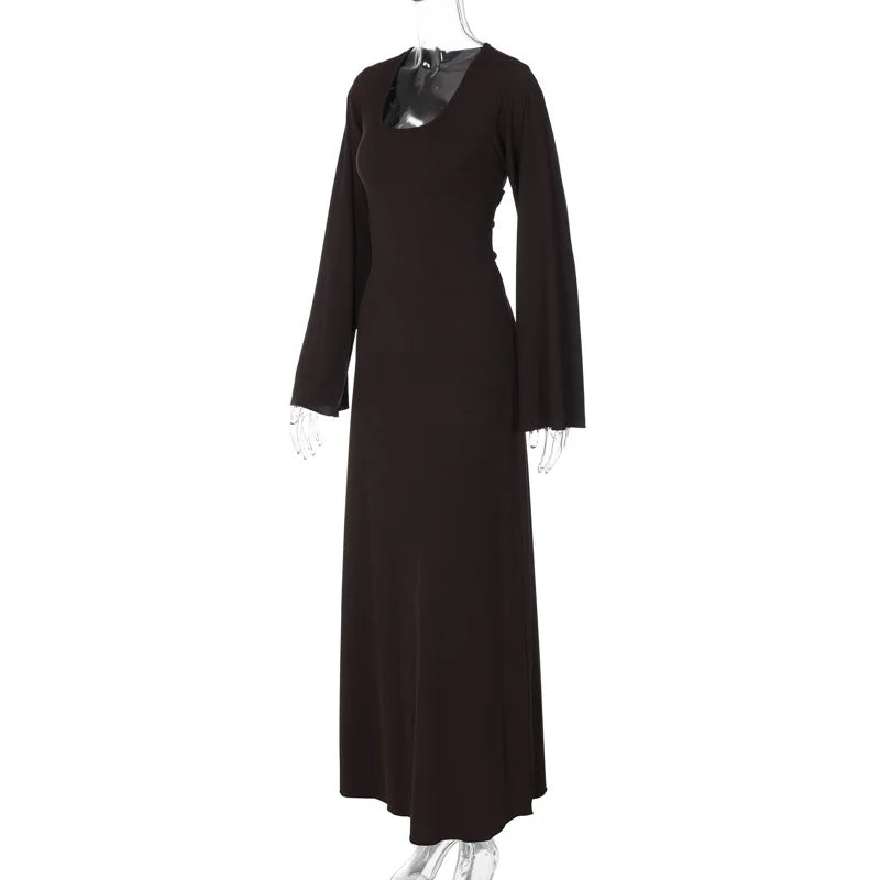 Women's Flare Sleeve Maxi Dress – Slim Fit Lace-Up Floor-Length Gown
