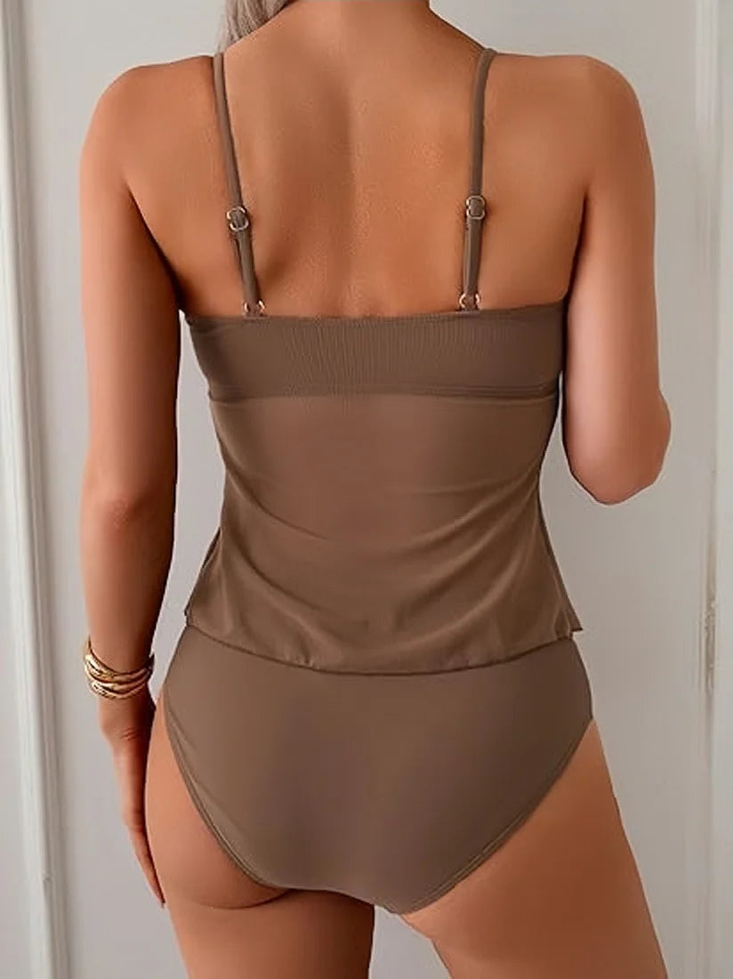Women Solid Front Bow Chiffon Bikinis Set 2 Piece Tankini Swimsuit Strapless Bandeau Spaghetti Strap High Cut Beach Swimwear