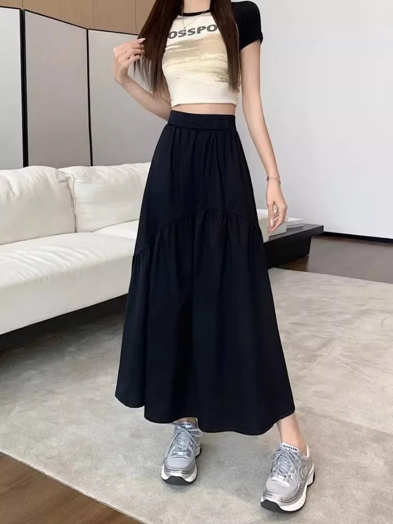 Elegant Women's Skirt Autumn New A-line Simple Fashion Solid Color Bustier Korean Pleated Splicing Elastic Waist Long Skirt