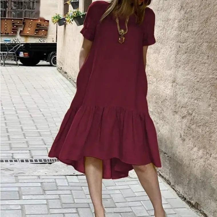 Casual round Neck Short Sleeve Midi Dress Women's Pure Color Crew Neck Gored Hem Cotton Overhead Dress mid Length Dress