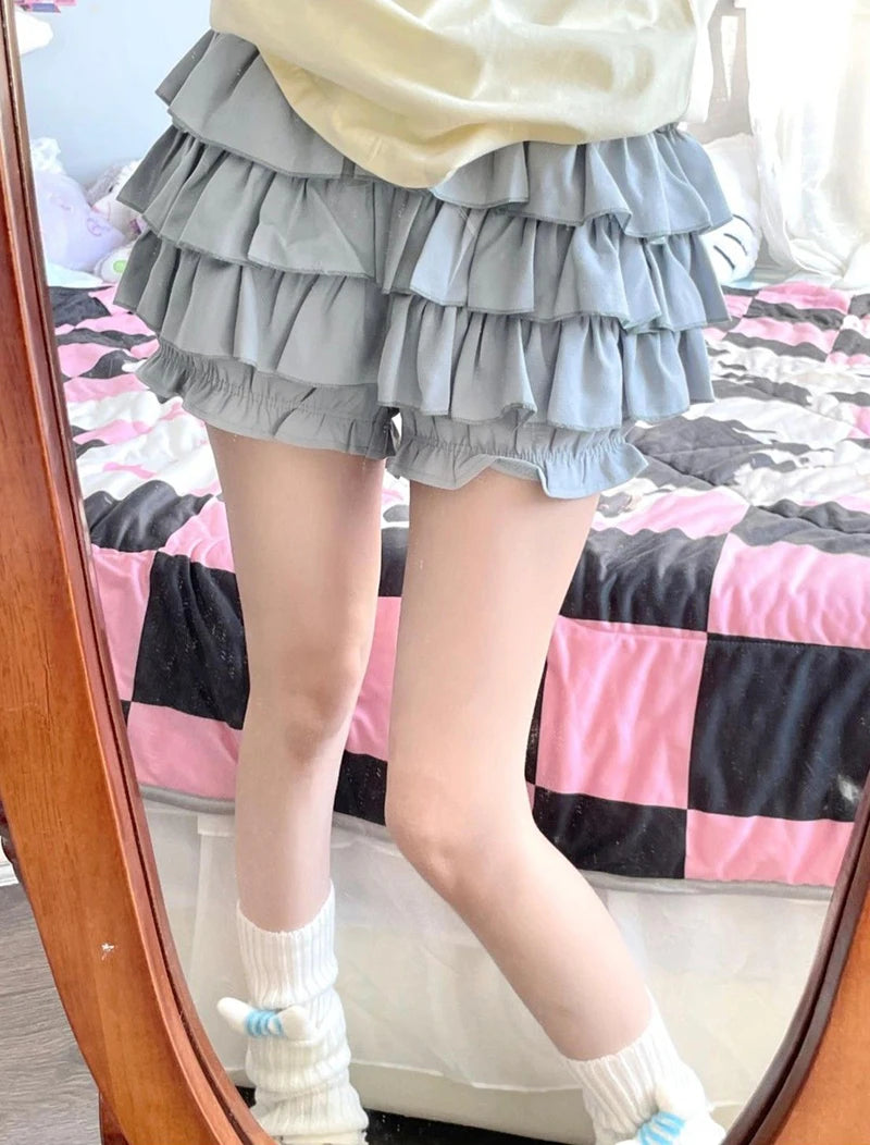 Pastel Tiered Ruffle Mini Skirt with Built-in Bloomer Shorts Layered Frill Skort Women Soft-Girl Kawaii Lolita Jirai Kei Sukapan