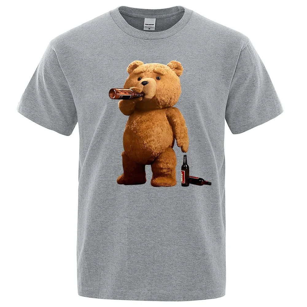 Lovely Ted Bear Drink Beer Poster Funny Printed T-Shirt Men Fashion Casual Short Sleeves Loose Oversize Tee Street Hip Hop Tops