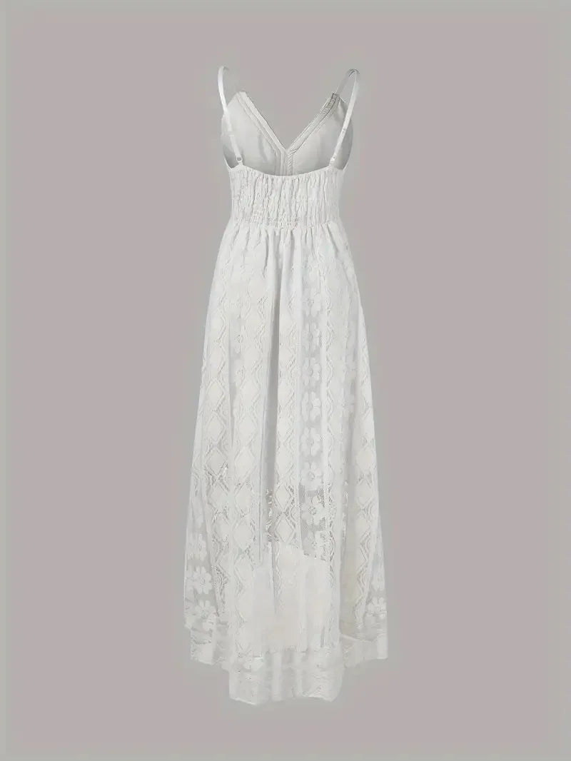 Ladies Dress A-line Lace Embroidery Design V-neck Sleeveless Mid Waist Slim Solid Color Simple Elegant Fresh Retro Sling Dress