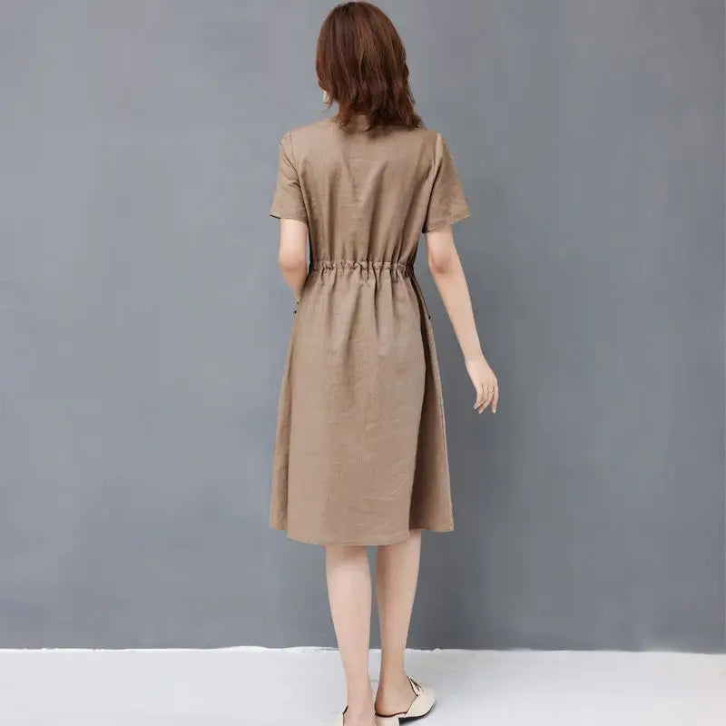Elegant Cotton and Linen Women's Dress Draw String High Waist Breathable Midi Dresses Half Sleeve V-Neck A-Line Dress Summer