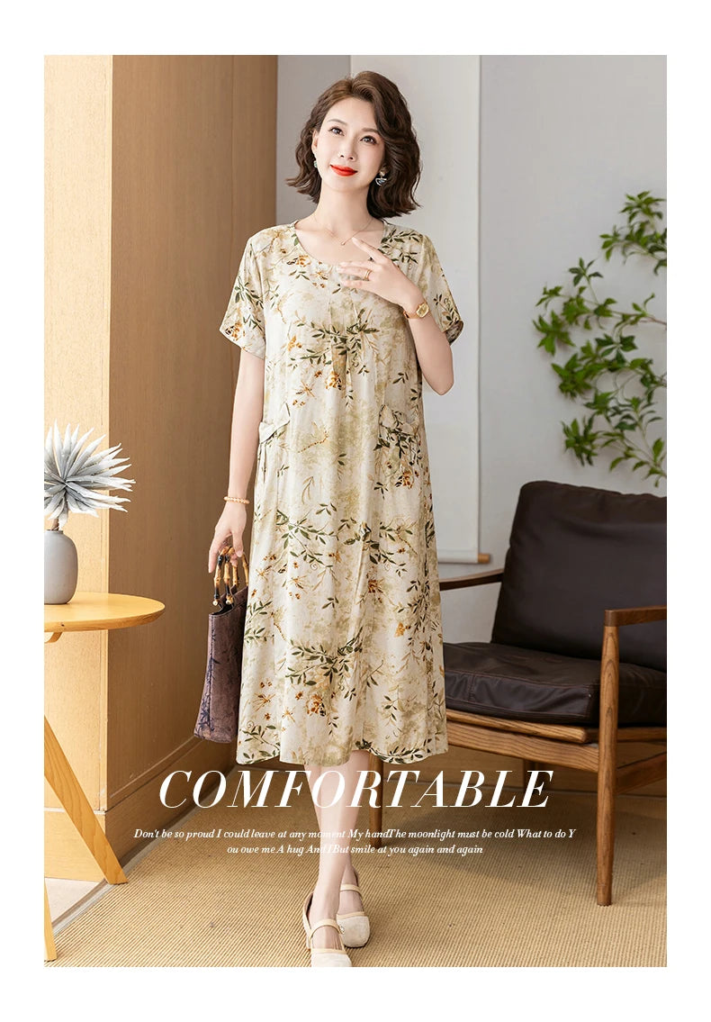 New 2025 Summer Dress Long Vintage Loose Women Elegant Sundress Dress Casual O-neck Dresses Print Plus Size