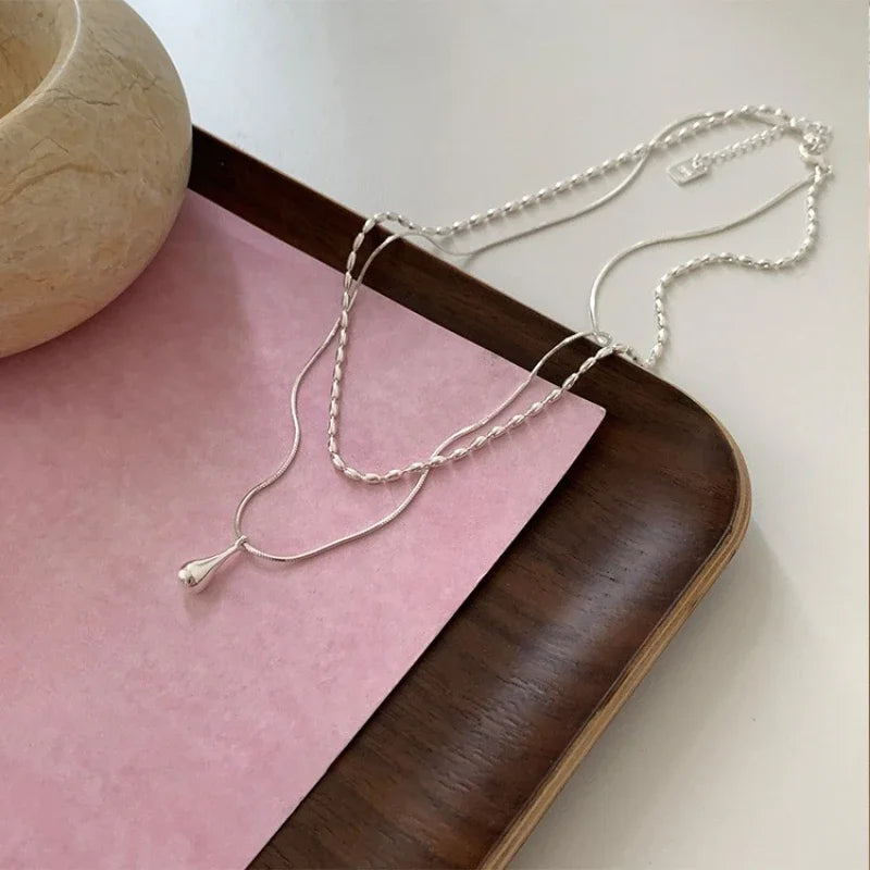 Water Drop Pendant Necklace for Women Double Collar Chain Fashion Fine Jewelry Gifts Long Layered Necklace Jewelry Accessories